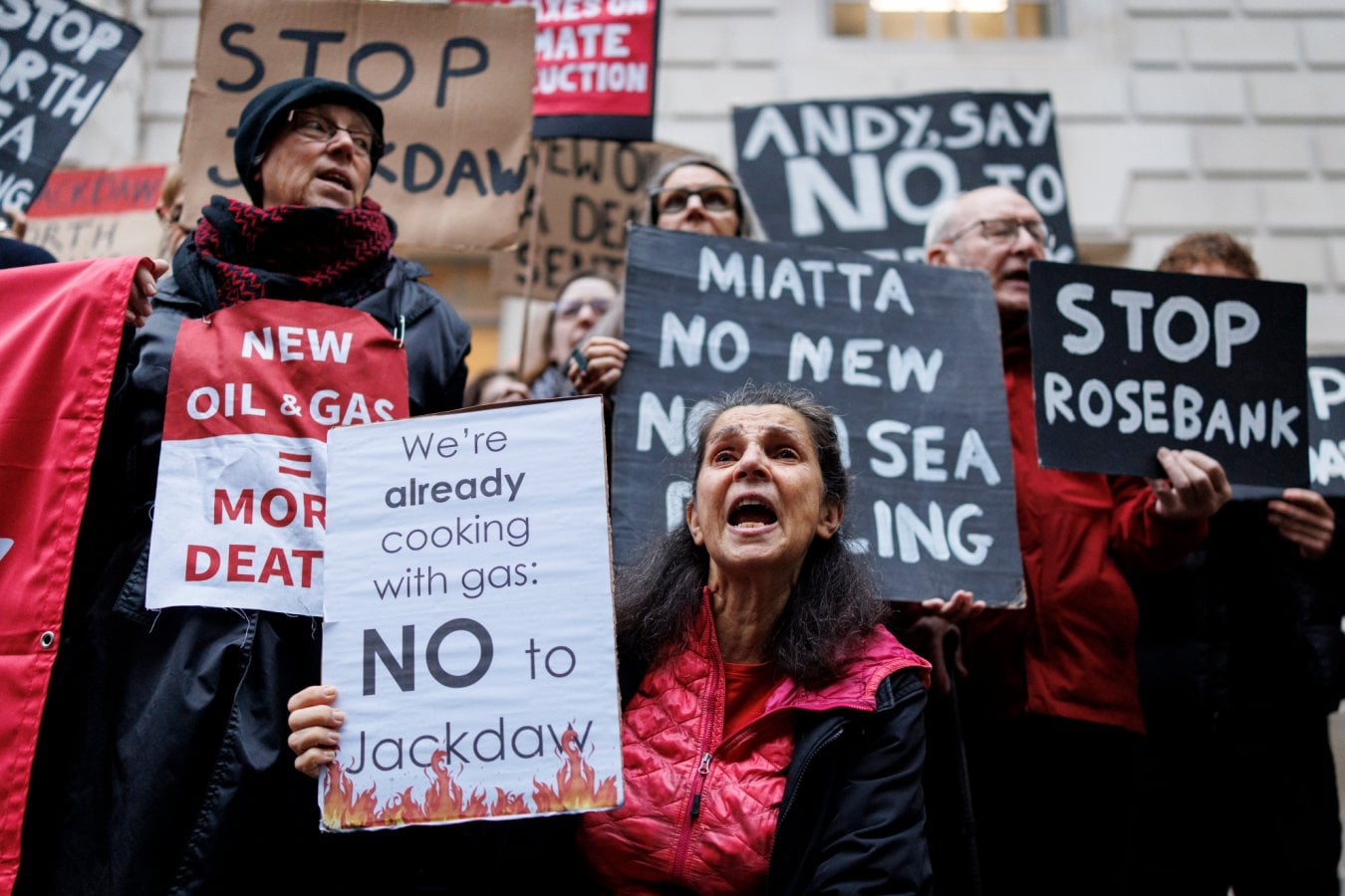 Protest outside UK energy department against Jackdaw gas field approval